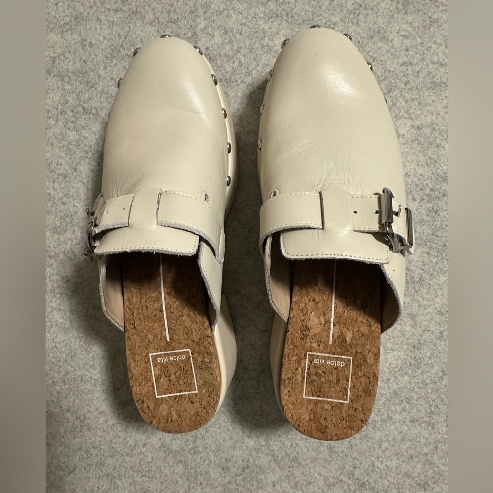 Dolce Vita Cream Leather Buckle Clog Mules